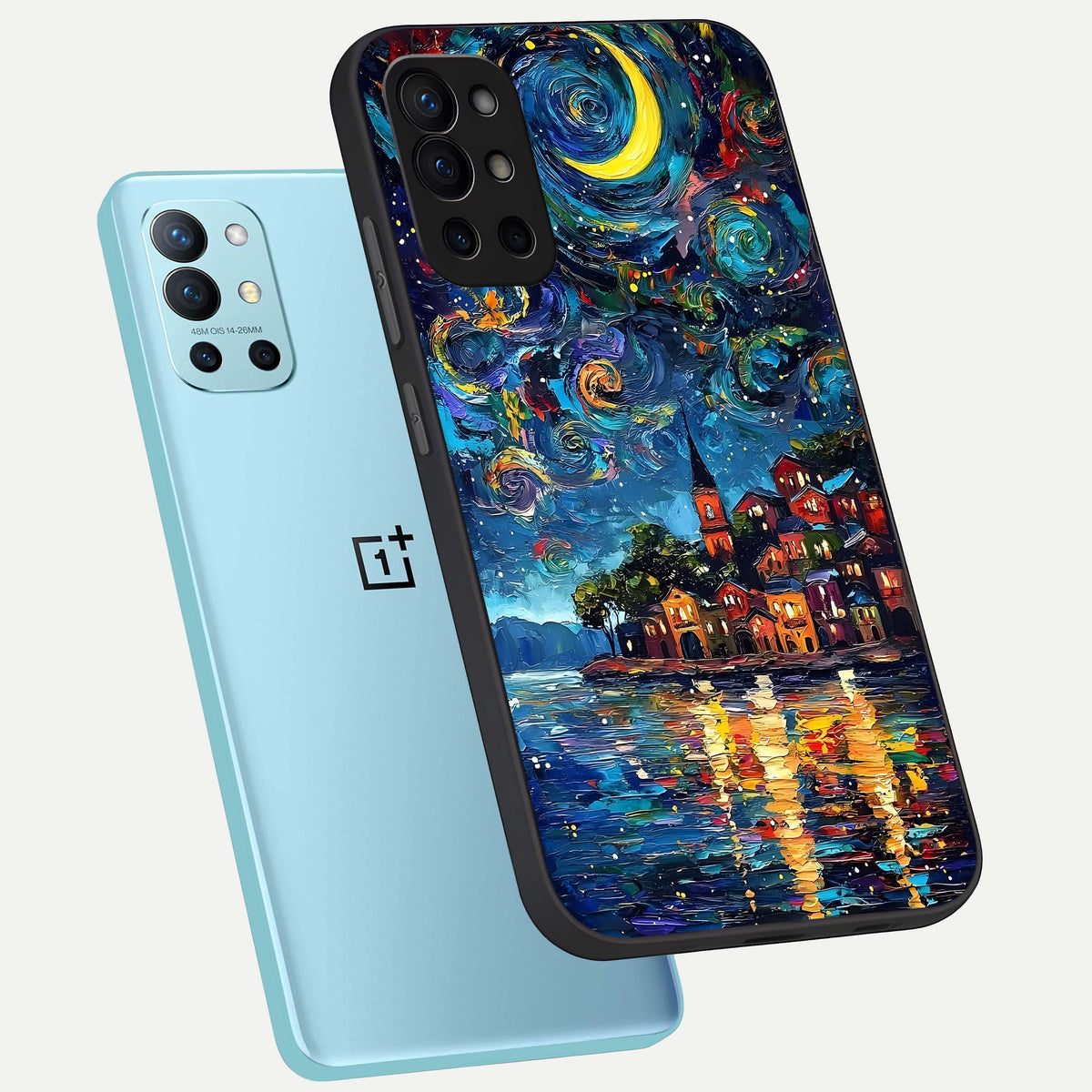  Moonlight Harbor Glow phone case For OnePlus 9R showing premium glass back cover with detailed artwork