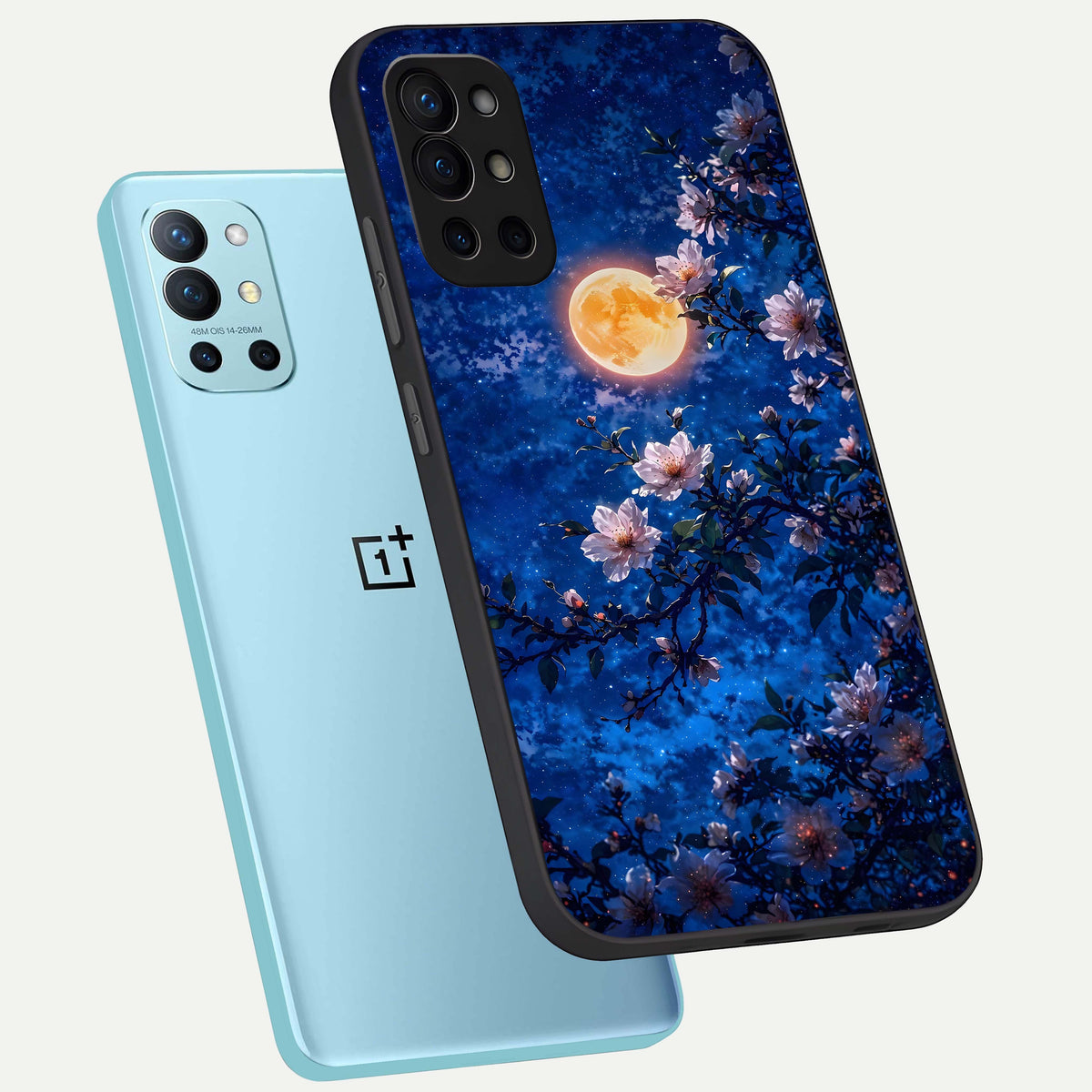  Moonlit Blossoms Night phone case For OnePlus 9R showing premium glass back cover with detailed artwork
