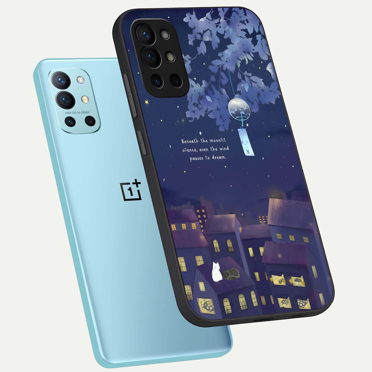  Moonlit Cat Silence phone case For OnePlus 9R showing premium glass back cover with detailed artwork