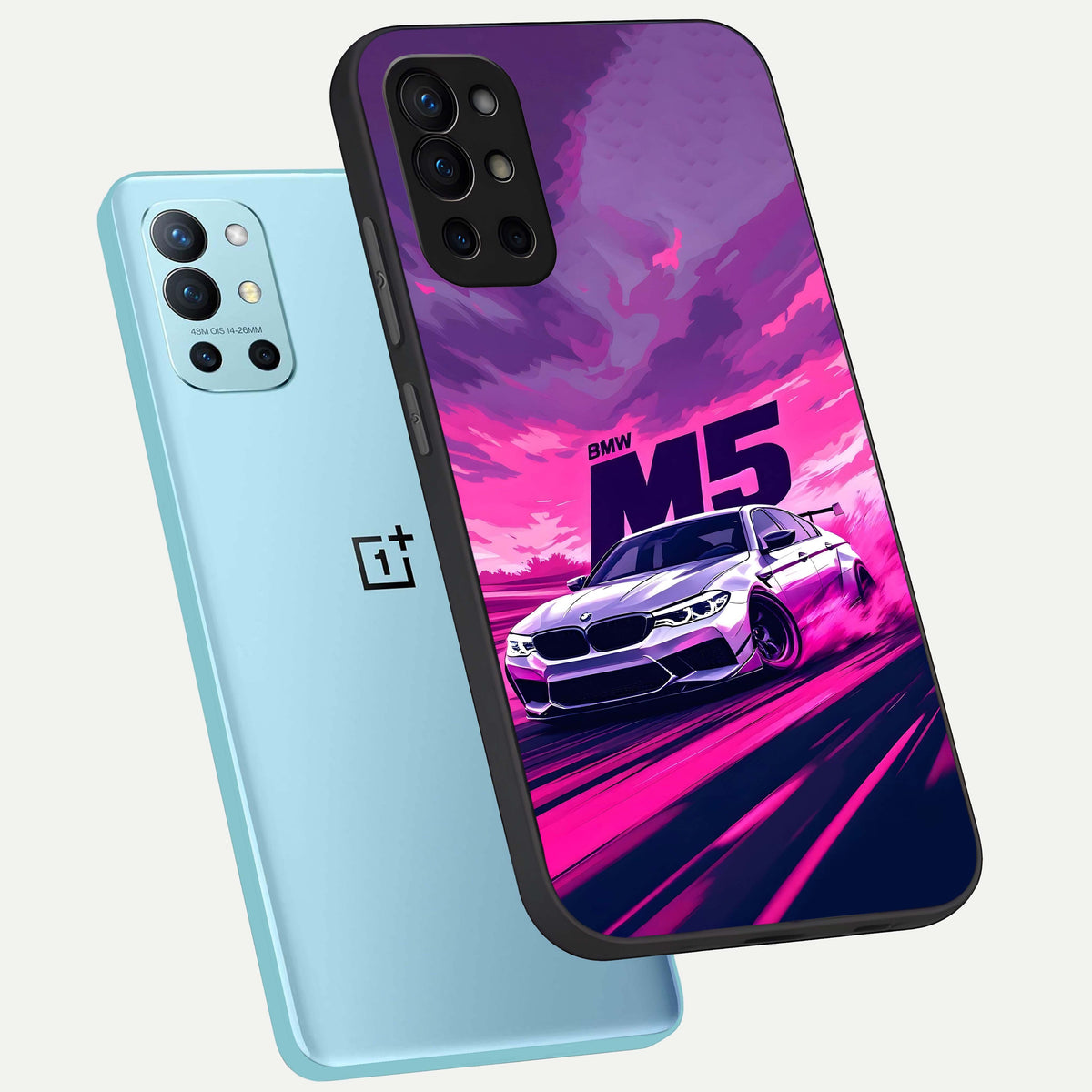  MS Neon Car phone case For OnePlus 9R showing premium glass back cover with detailed artwork