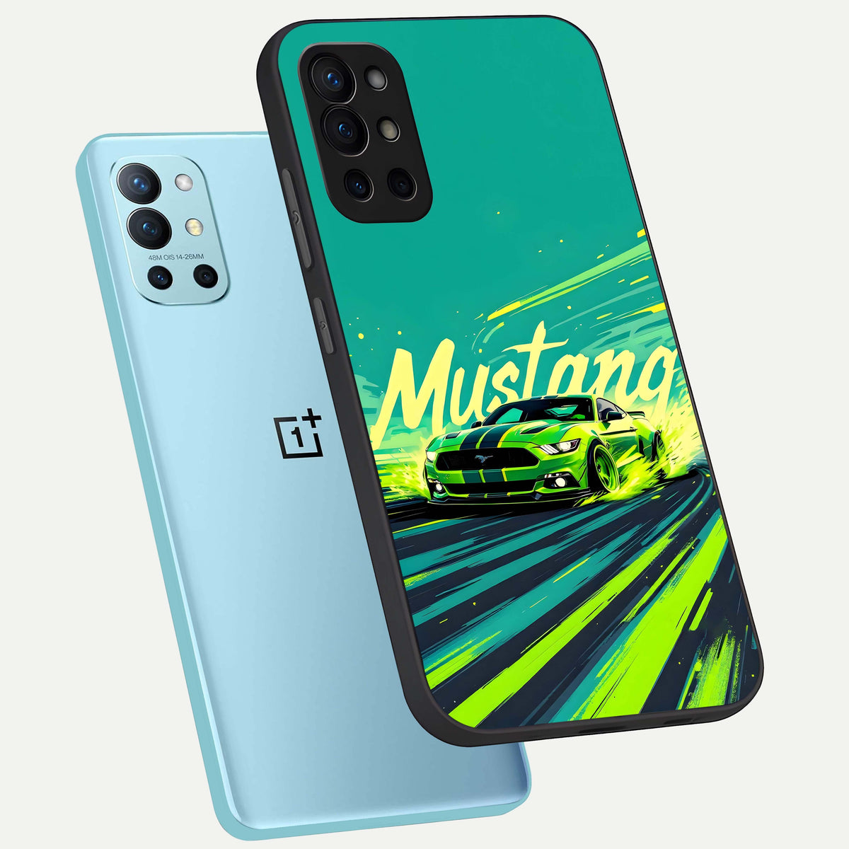  Mustang Bang phone case For OnePlus 9R showing premium glass back cover with detailed artwork