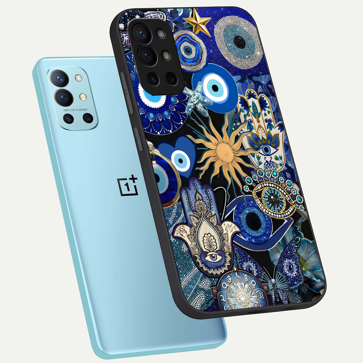  Mystic Blue Evil Eye phone case For OnePlus 9R showing premium glass back cover with detailed artwork