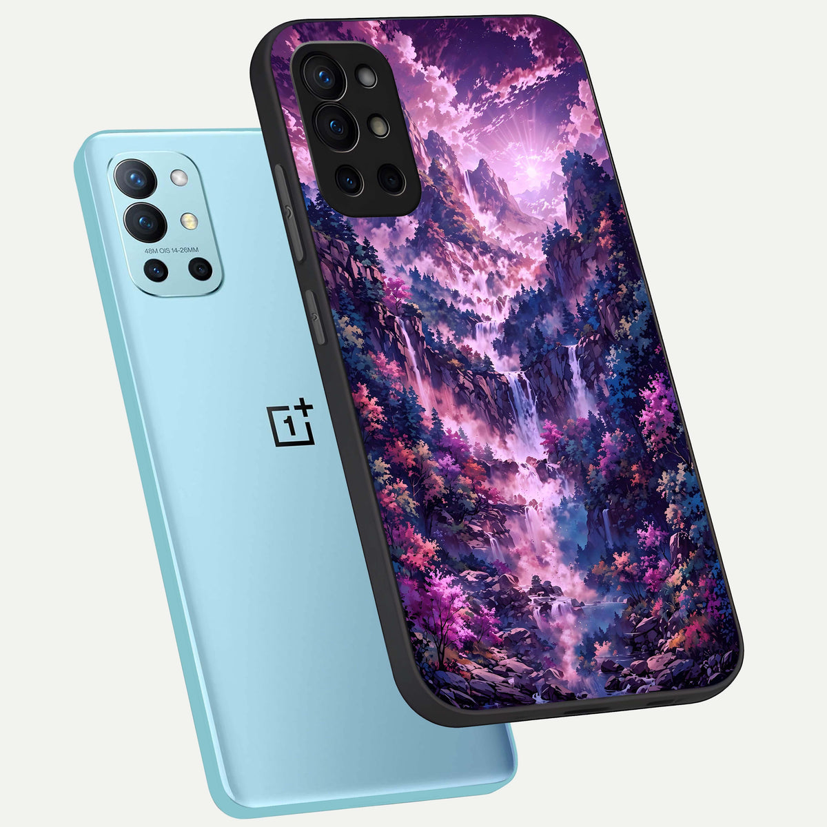  Mystic Cascade Peaks phone case For OnePlus 9R showing premium glass back cover with detailed artwork