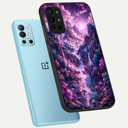  Mystic Cascade Peaks phone case For OnePlus 9R showing premium glass back cover with detailed artwork