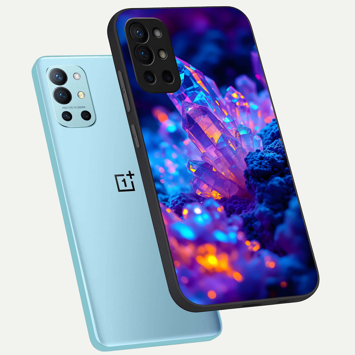  Neon Aura Shards phone case For OnePlus 9R showing premium glass back cover with detailed artwork
