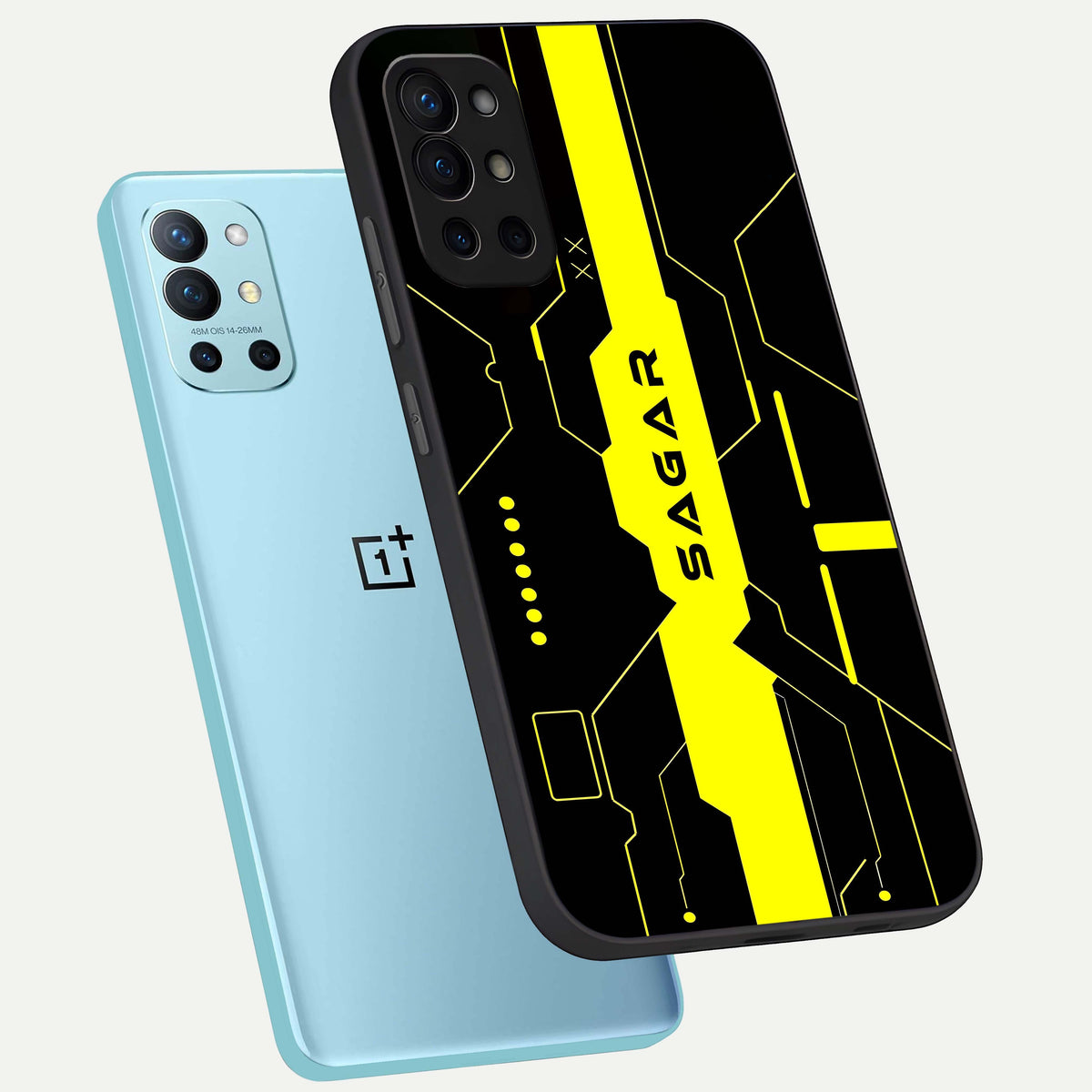  Neon CYBERPUNK Custom Name phone case For OnePlus 9R showing premium glass back cover with detailed artwork