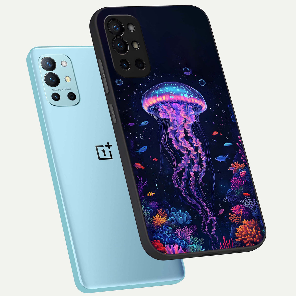  Neon Jellyfish phone case For OnePlus 9R showing premium glass back cover with detailed artwork