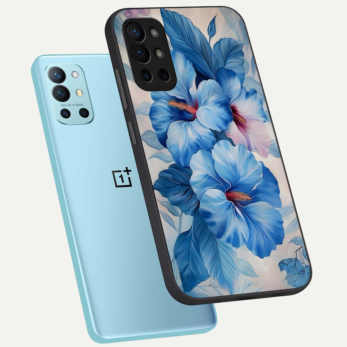  Ocean Hibiscus Grace phone case For OnePlus 9R showing premium glass back cover with detailed artwork