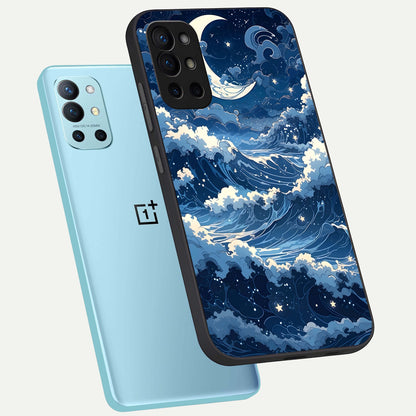 Ocean Moon Waves phone case For OnePlus 9R showing premium glass back cover with detailed artwork