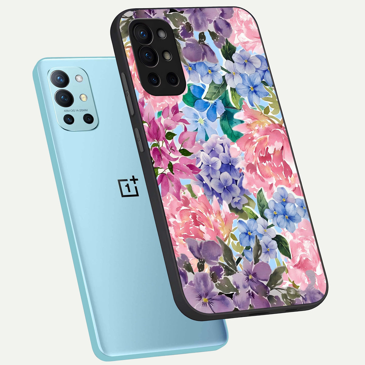  Pastel Floral Mix phone case For OnePlus 9R showing premium glass back cover with detailed artwork