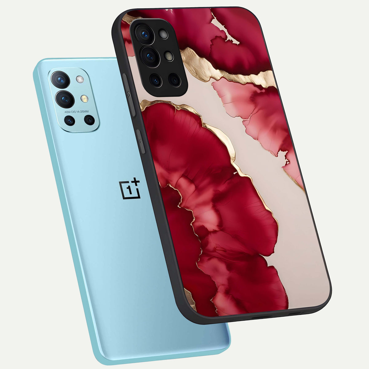  Pink And White Marble phone case For OnePlus 9R showing premium glass back cover with detailed artwork