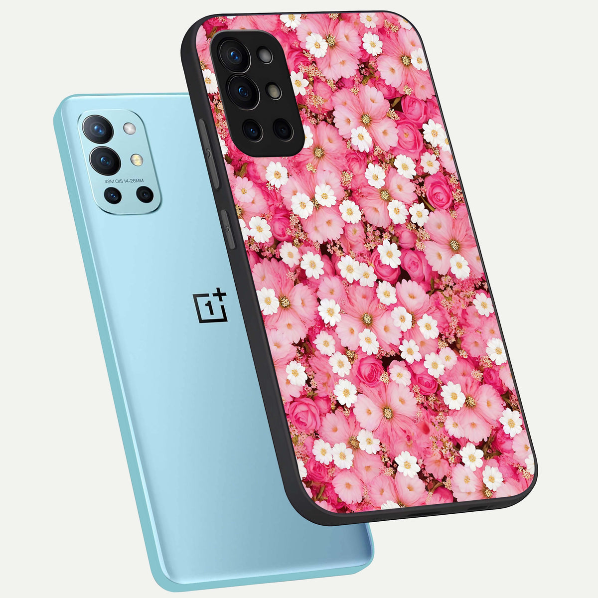  Pink Daisy Bliss phone case For OnePlus 9R showing premium glass back cover with detailed artwork