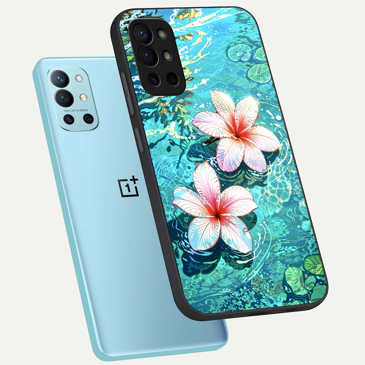 Pink Flowers in Water phone case For OnePlus 9R showing premium glass back cover with detailed artwork