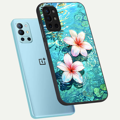  Pink Flowers in Water phone case For OnePlus 9R showing premium glass back cover with detailed artwork
