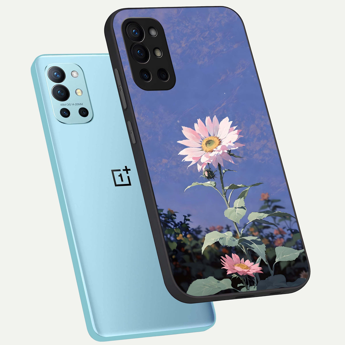  Pink Shells Outline phone case For OnePlus 9R showing premium glass back cover with detailed artwork