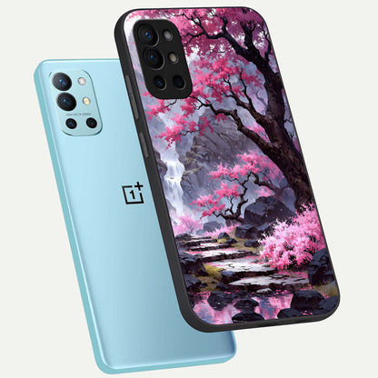  Pink Sunflower Glow phone case For OnePlus 9R showing premium glass back cover with detailed artwork