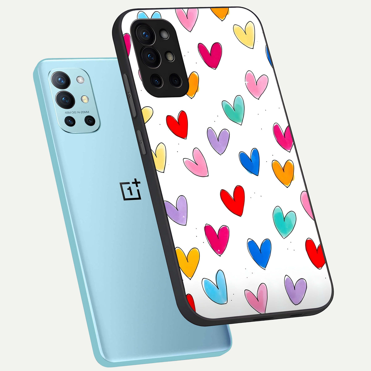  Playful Love Doodles phone case For OnePlus 9R showing premium glass back cover with detailed artwork