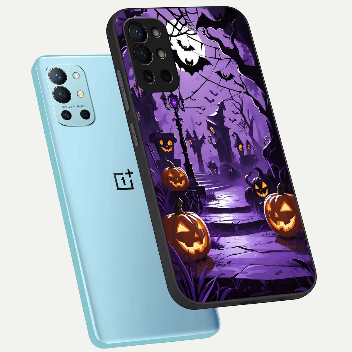  Pumpkin Patch Halloween phone case For OnePlus 9R showing premium glass back cover with detailed artwork