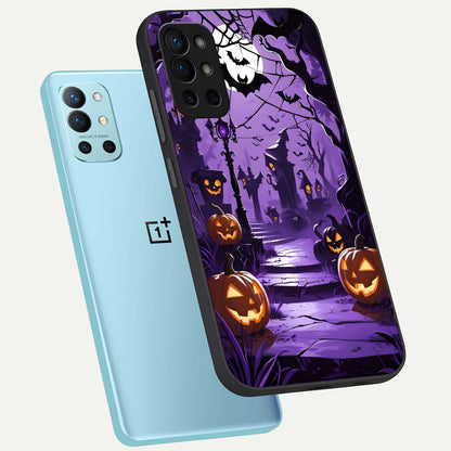  Pumpkin Patch Halloween phone case For OnePlus 9R showing premium glass back cover with detailed artwork