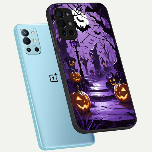  Pumpkin Patch Halloween phone case For OnePlus 9R showing premium glass back cover with detailed artwork