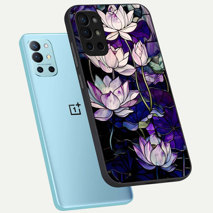  Purple Lotus Pattern phone case For OnePlus 9R showing premium glass back cover with detailed artwork