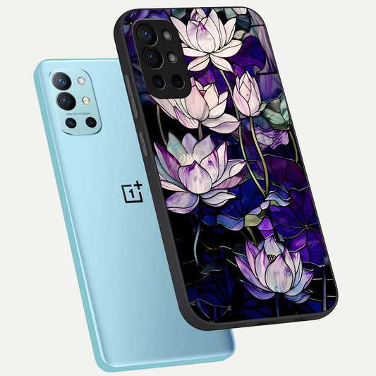  Purple Lotus Pattern phone case For OnePlus 9R showing premium glass back cover with detailed artwork