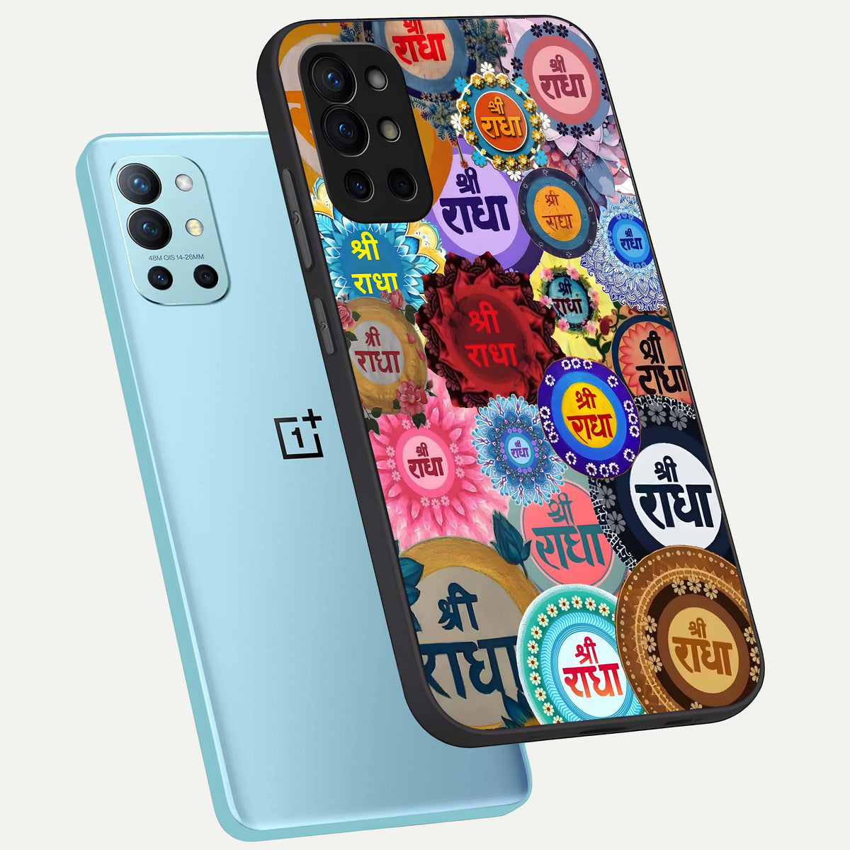  Radha Divine Bloom phone case For OnePlus 9R showing premium glass back cover with detailed artwork
