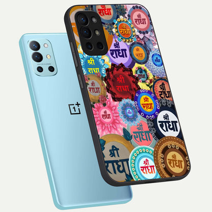  Radha Divine Bloom phone case For OnePlus 9R showing premium glass back cover with detailed artwork