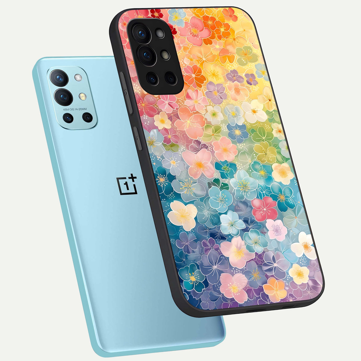  Rainbow Blossom Burst phone case For OnePlus 9R showing premium glass back cover with detailed artwork