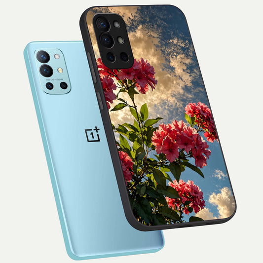  Red Bloom Skies phone case For OnePlus 9R showing premium glass back cover with detailed artwork