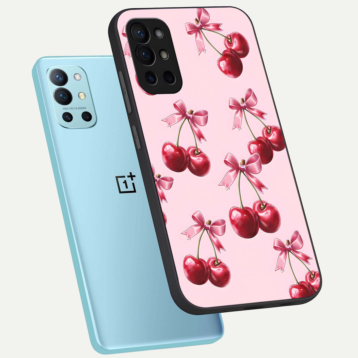  Red Cherries Pattern phone case For OnePlus 9R showing premium glass back cover with detailed artwork