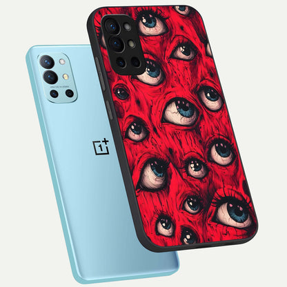  Red Eyes Pattern phone case For OnePlus 9R showing premium glass back cover with detailed artwork