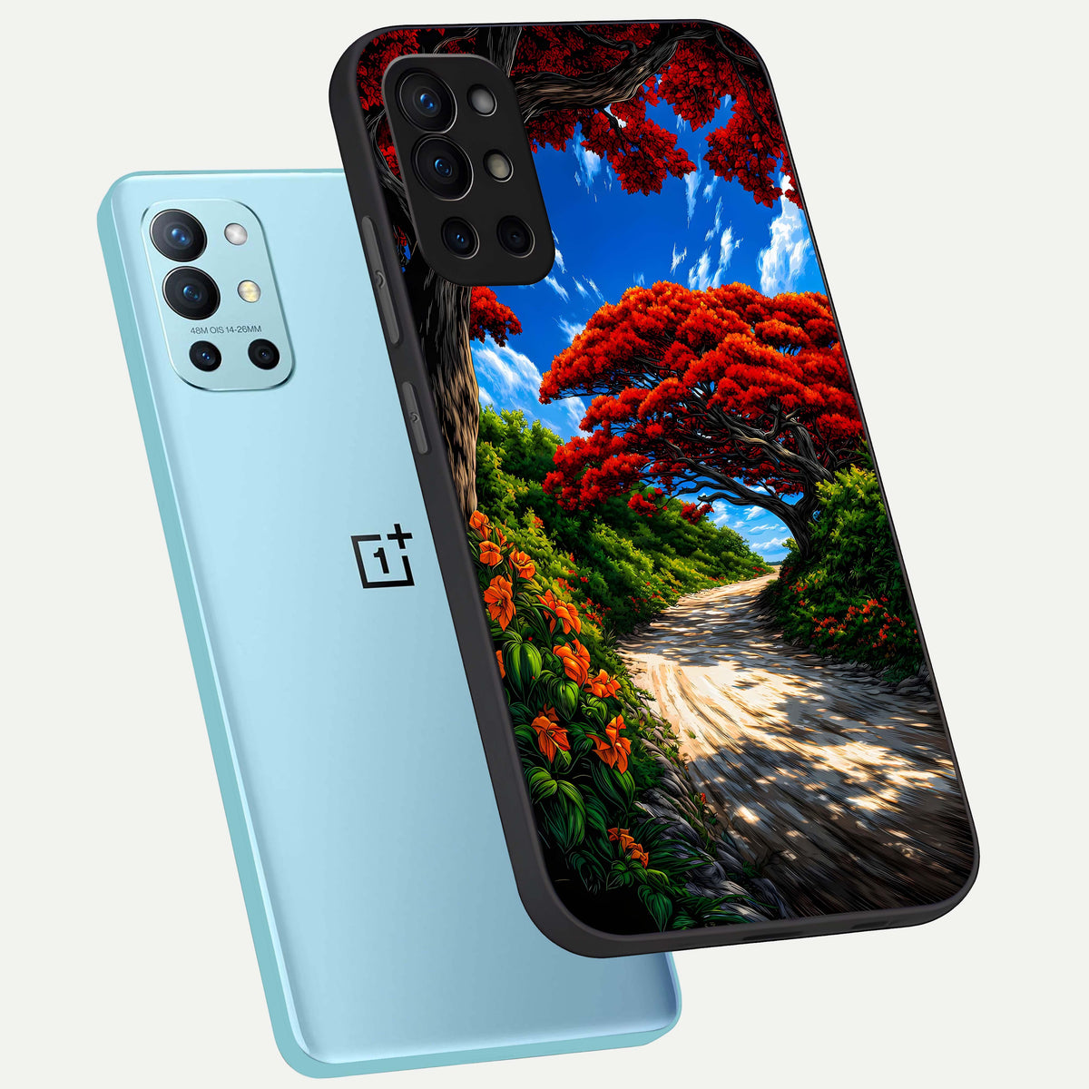  Red Trees Pathway phone case For OnePlus 9R showing premium glass back cover with detailed artwork