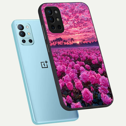  Rose Sunset Valley phone case For OnePlus 9R showing premium glass back cover with detailed artwork