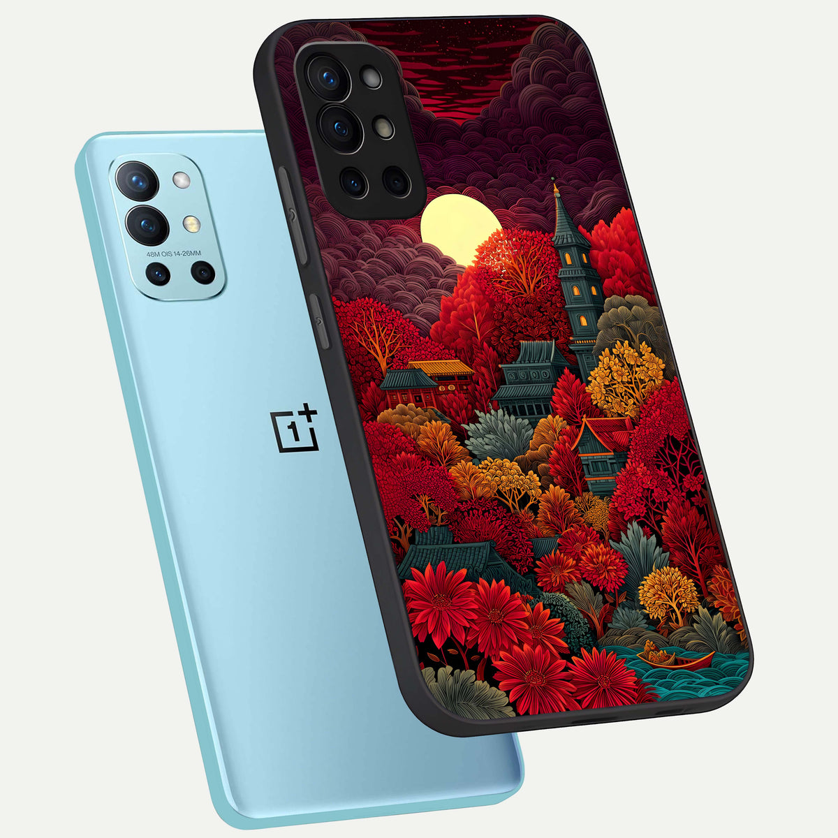  Scarlet Autumn Temple phone case For OnePlus 9R showing premium glass back cover with detailed artwork