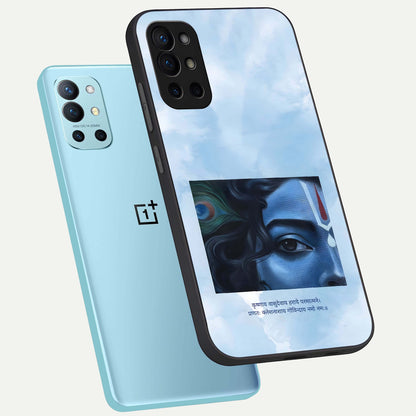  Spiritual Krishna phone case For OnePlus 9R showing premium glass back cover with detailed artwork
