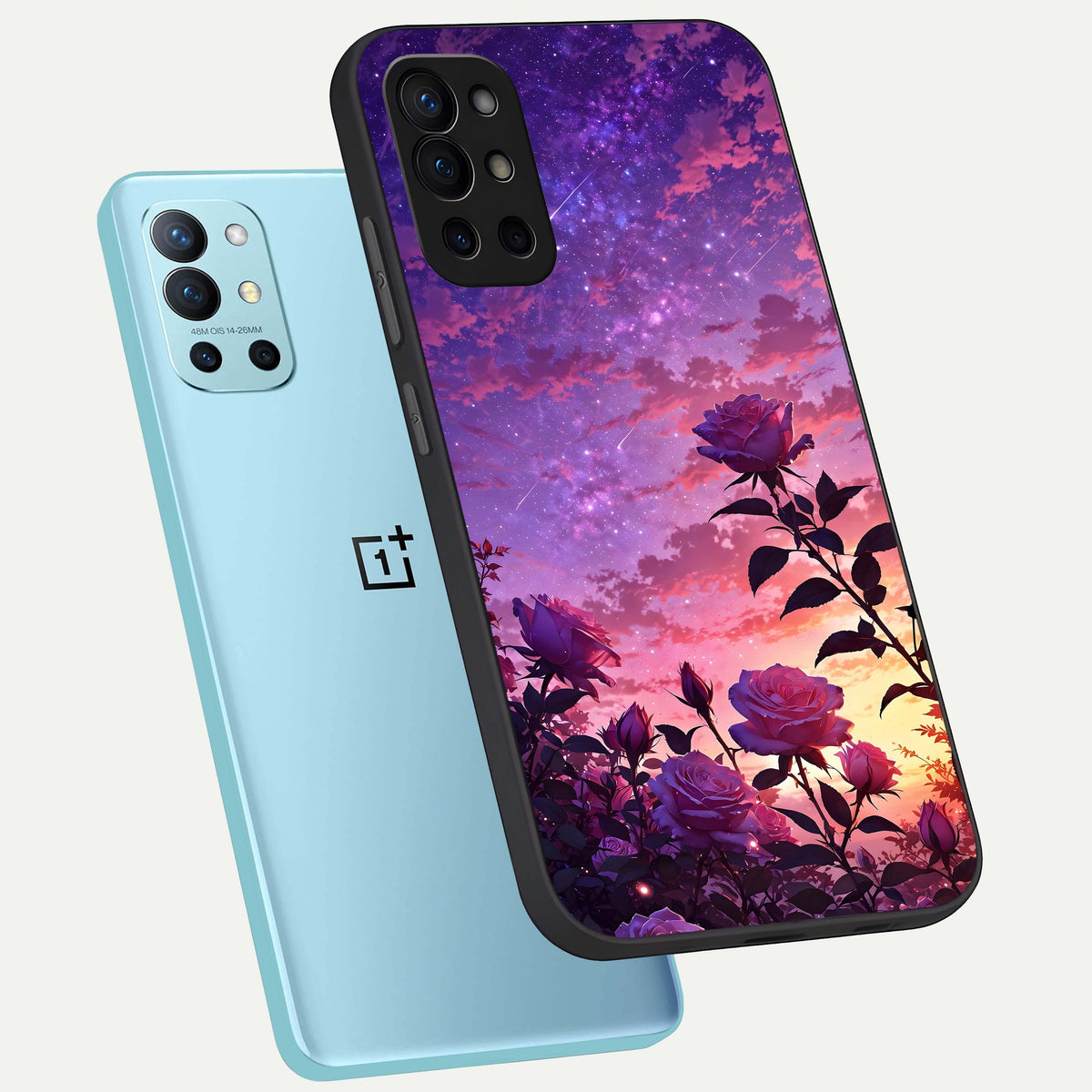  Starlit Rose Twilight phone case For OnePlus 9R showing premium glass back cover with detailed artwork