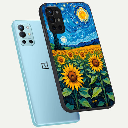  Starry Sunflower Dreams phone case For OnePlus 9R showing premium glass back cover with detailed artwork