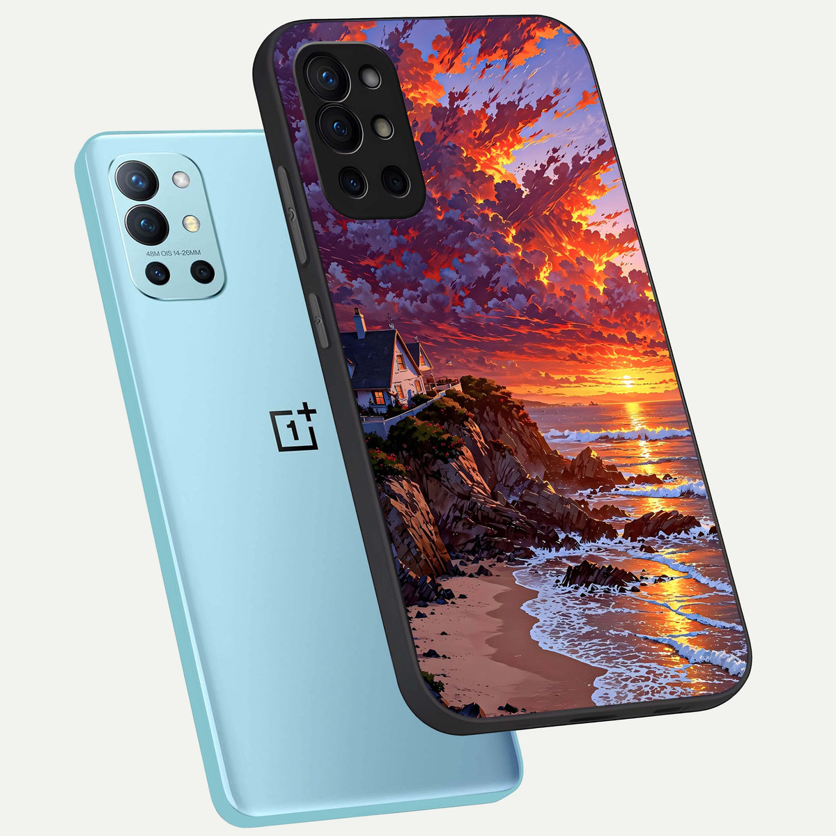  Sunset House By Sea phone case For OnePlus 9R showing premium glass back cover with detailed artwork