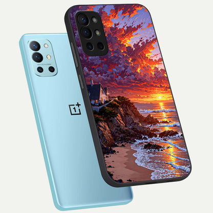  Sunset House By Sea phone case For OnePlus 9R showing premium glass back cover with detailed artwork