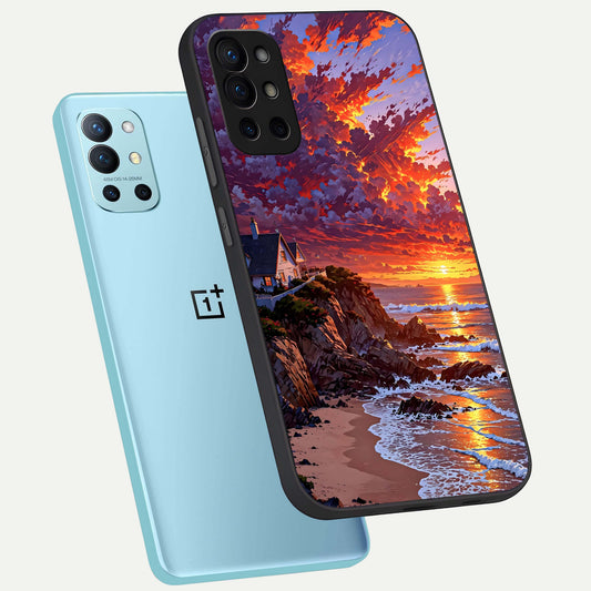  Sunset House By Sea phone case For OnePlus 9R showing premium glass back cover with detailed artwork