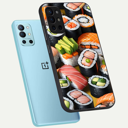  Sushi Food Pattern phone case For OnePlus 9R showing premium glass back cover with detailed artwork