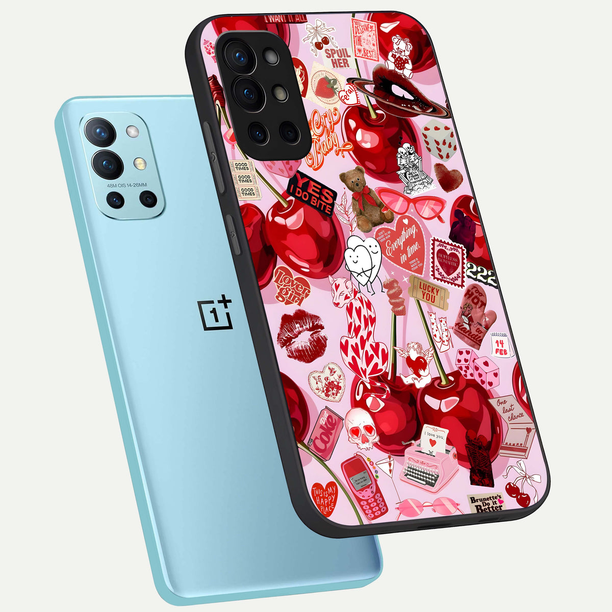  Sweet Cherry Chaos phone case For OnePlus 9R showing premium glass back cover with detailed artwork