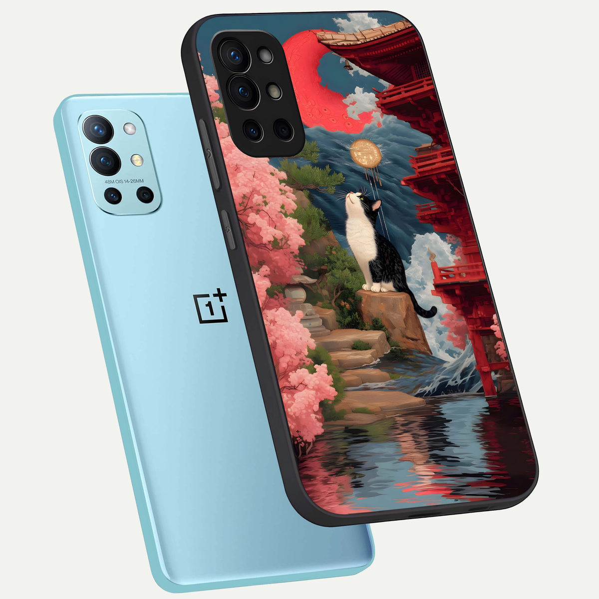  Temple Cat Scenery phone case For OnePlus 9R showing premium glass back cover with detailed artwork