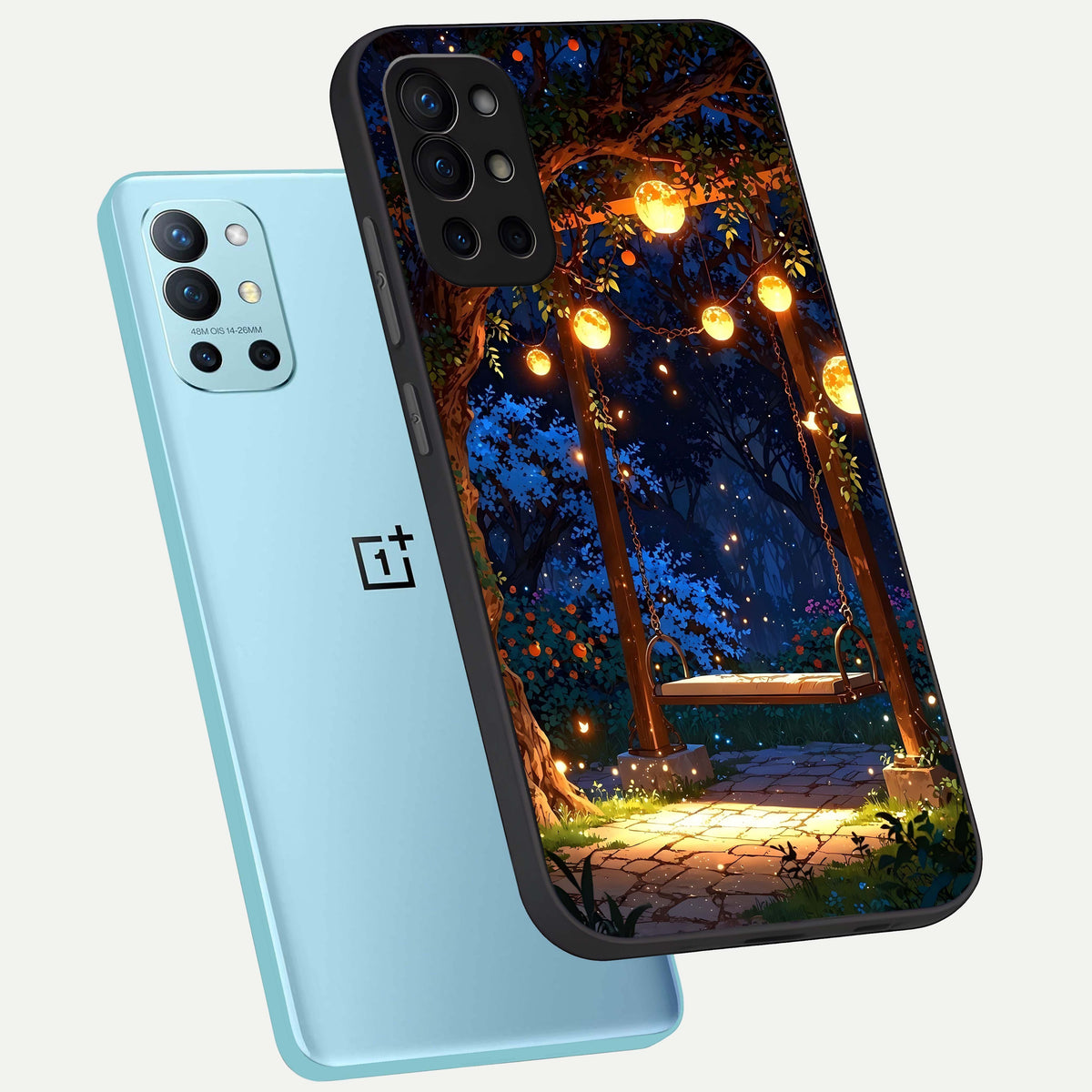  Twilight Garden Swing phone case For OnePlus 9R showing premium glass back cover with detailed artwork