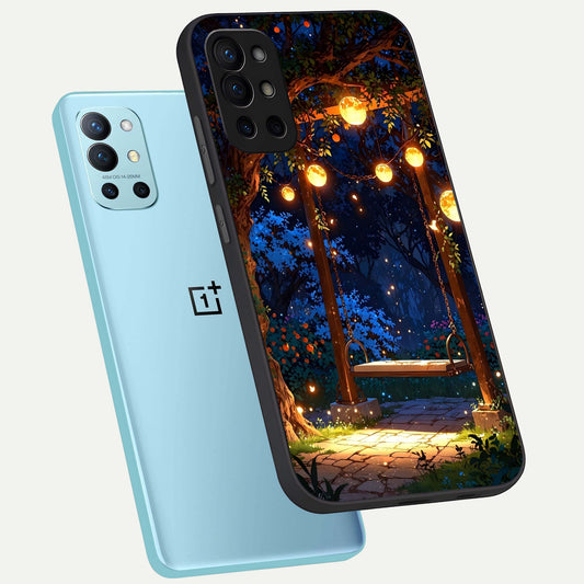  Twilight Garden Swing phone case For OnePlus 9R showing premium glass back cover with detailed artwork