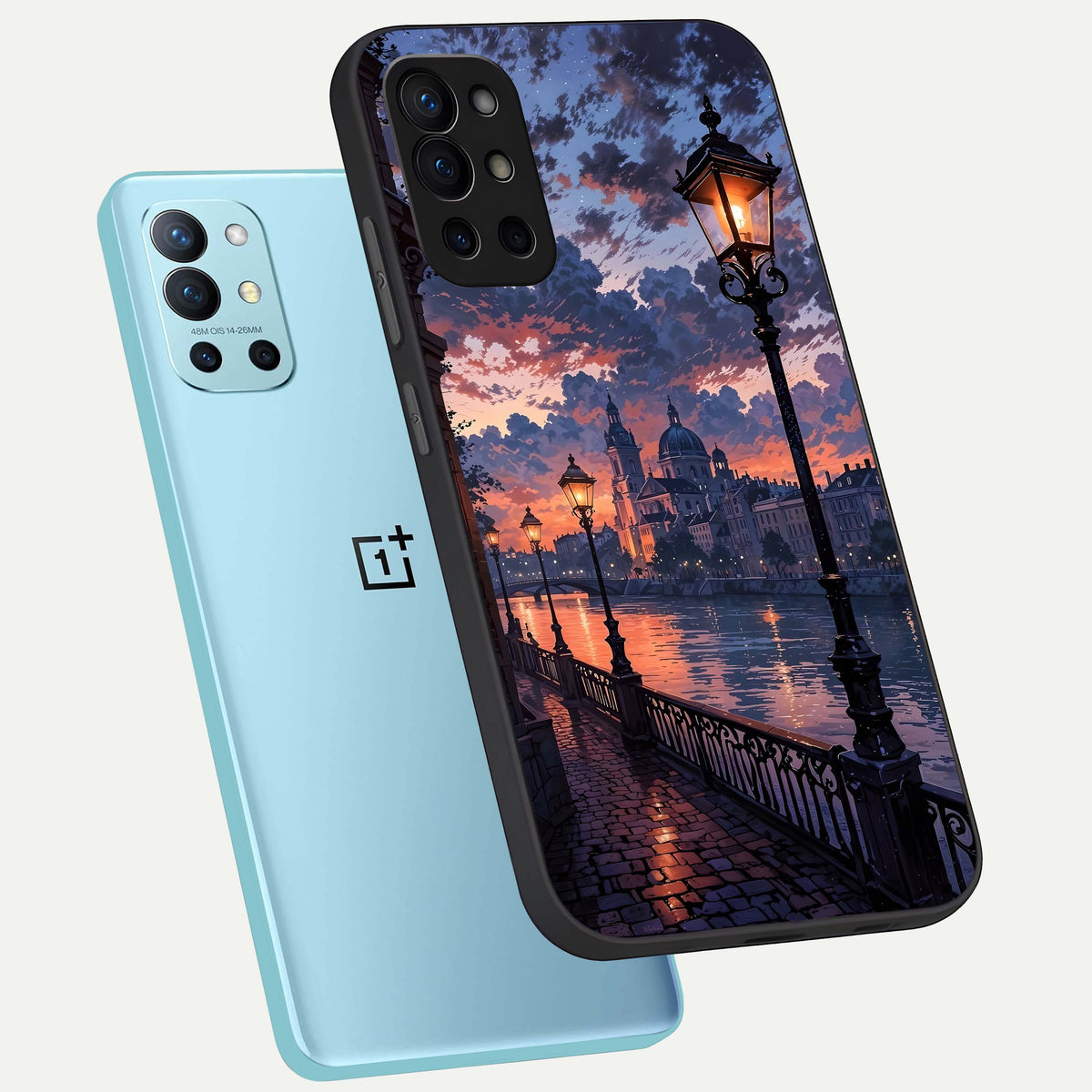  Twilight River Lights phone case For OnePlus 9R showing premium glass back cover with detailed artwork