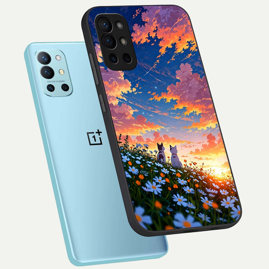  Two Cats Friends phone case For OnePlus 9R showing premium glass back cover with detailed artwork
