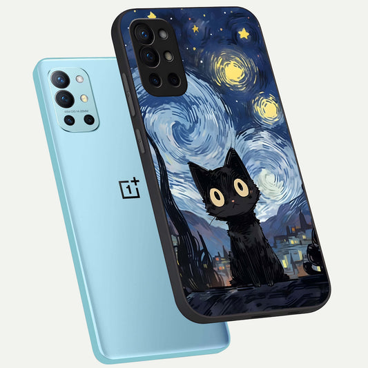  Van Gogh Cat phone case For OnePlus 9R showing premium glass back cover with detailed artwork