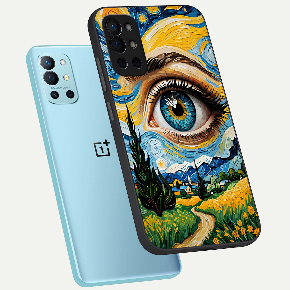  Van Gogh Eye phone case For OnePlus 9R showing premium glass back cover with detailed artwork